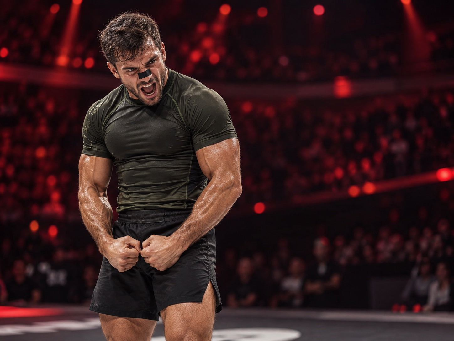 Combat athlete roaring in a packed arena, wearing a black CombatStrips nose strip